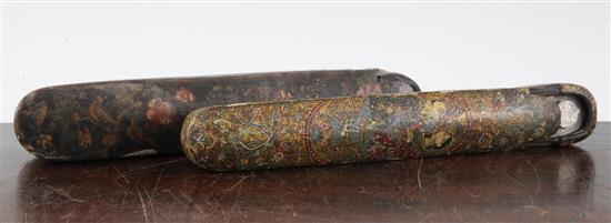 Two antique Persian scribes papier mache pen boxes, 8.5in.